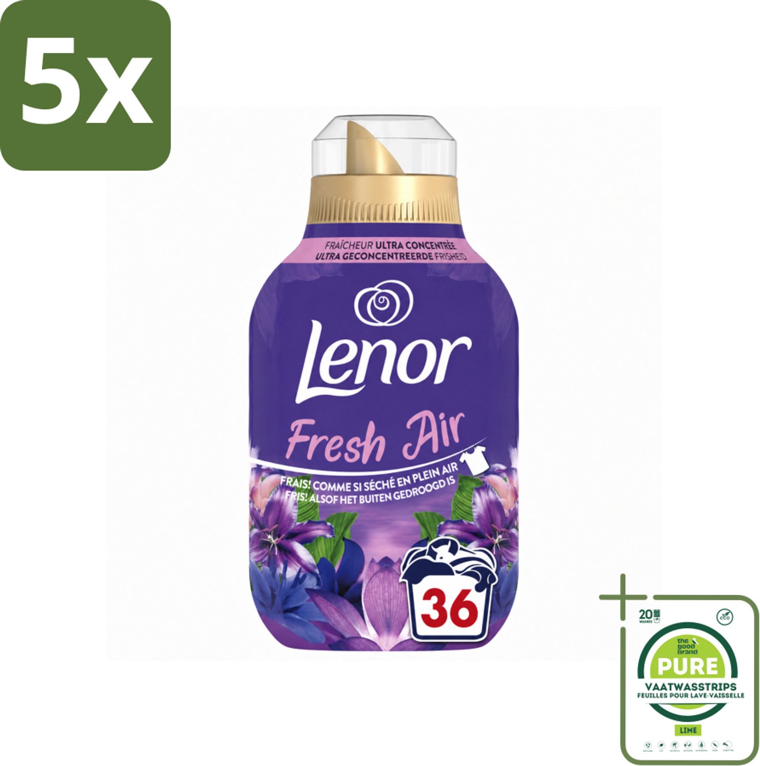 5 x Lenor - Wasverzachter - Fresh Air Maneschijn - Ultra Geconcentreerd - 36 Wasbeurten - Grootverpakking - Vaatwasstrips - Wasverzachter - Frisheid - Buiten Geur - Wasgoed - Kledingbescherming