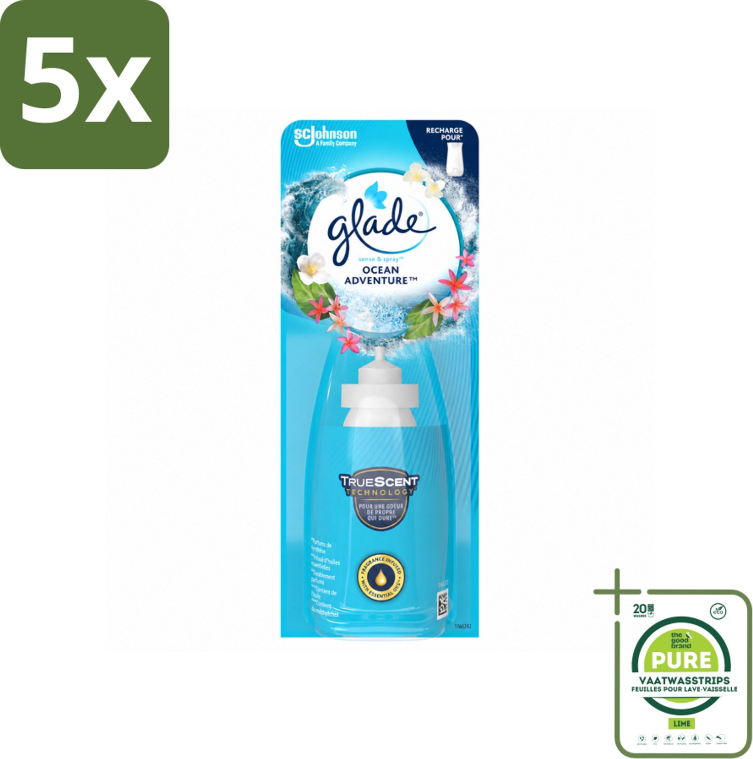 5 x Glade - Sense & Spray - Ocean Adventure - 18 ml - Grootverpakking - Vaatwasstrips - Zeegeur - Citroengeur - Bloemengeur - Geurverspreiding - Bewegingssensor