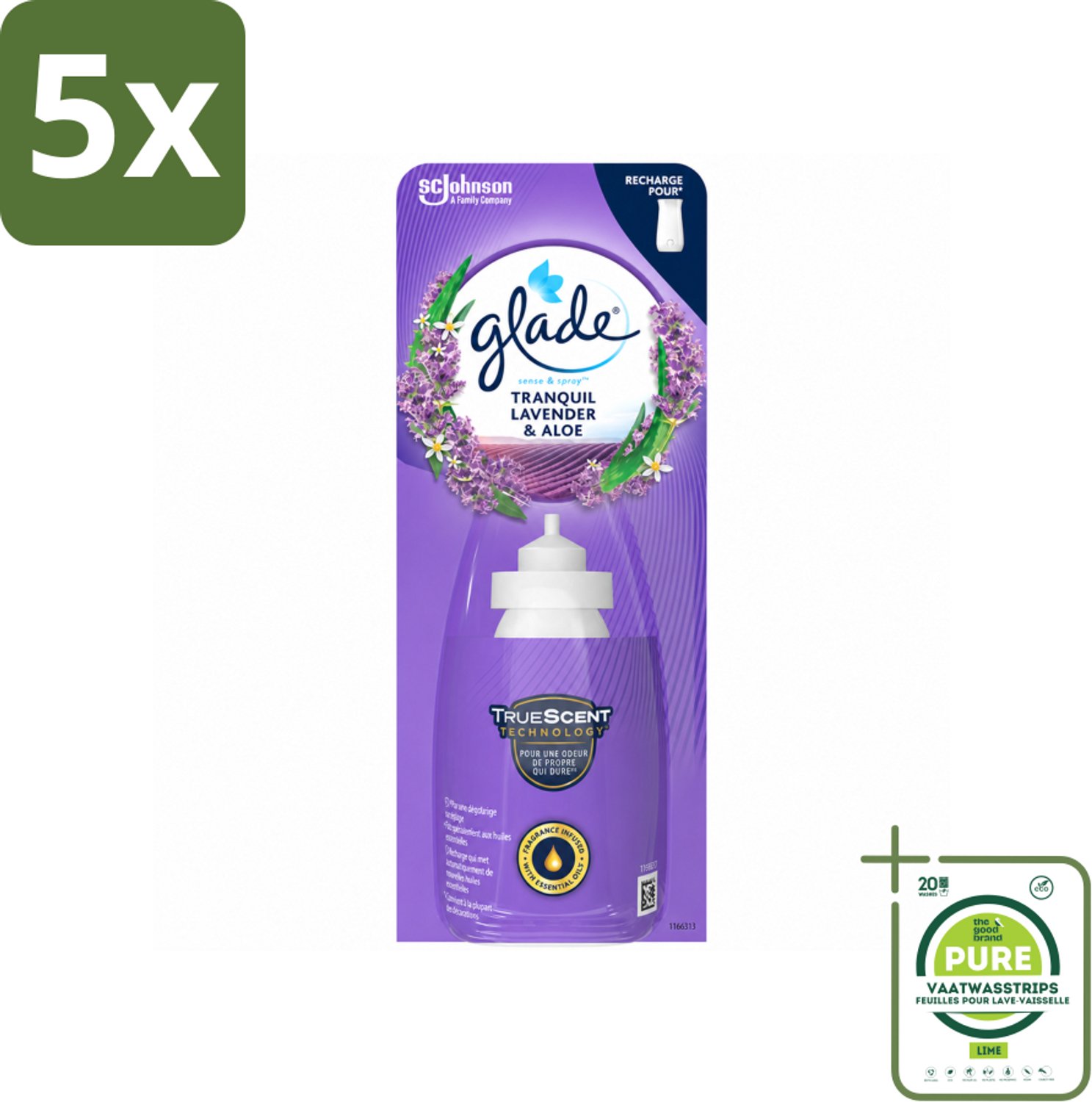5 x Glade - Sense & Spray Navulling - Tranquil Lavender & Aloë - 18 ml - Grootverpakking - Vaatwasstrips - Geur - Rust - Frisheid - Automatische Geur - Bewegingssensor