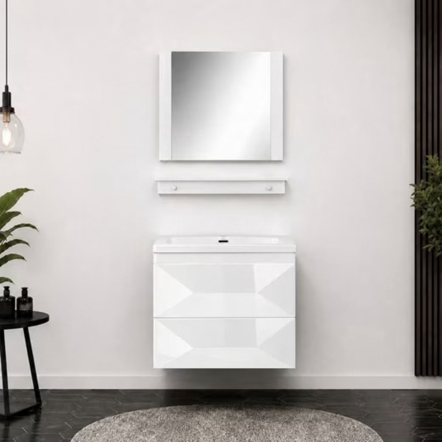 Faizee Home Miran Badkamermeubelset 60 cm Wit Hoogglans met keramische wastafel, spiegel en Soft-Close
