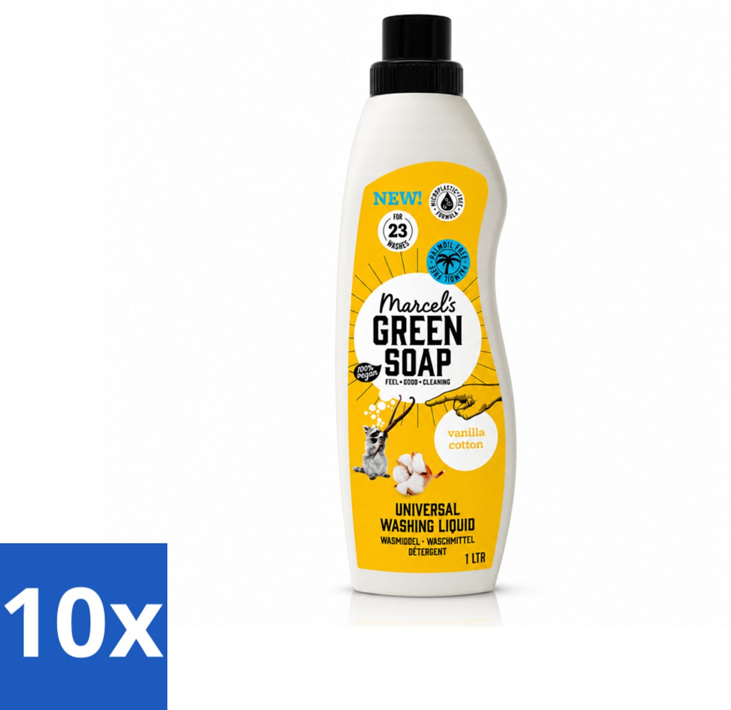 10 x Marcel's Green Soap - Vloeibaar Wasmiddel - Katoen & Vanille - Effectief & natuurlijk - 23 Wasbeurten - 1 Liter - Voordeelverpakking - 10 stuks