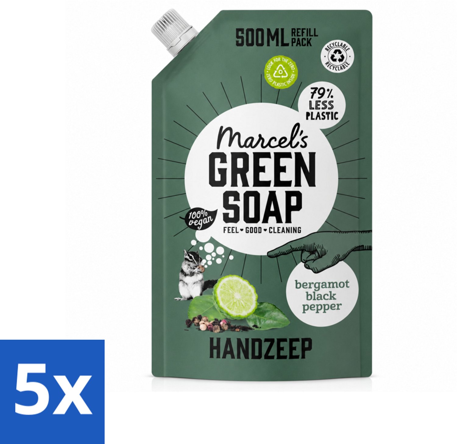 5 x Marcel's Green Soap - Handzeep - Bergamot & Black Pepper - Natuurlijke verzorging - 500 ml - Voordeelverpakking - 5 stuks