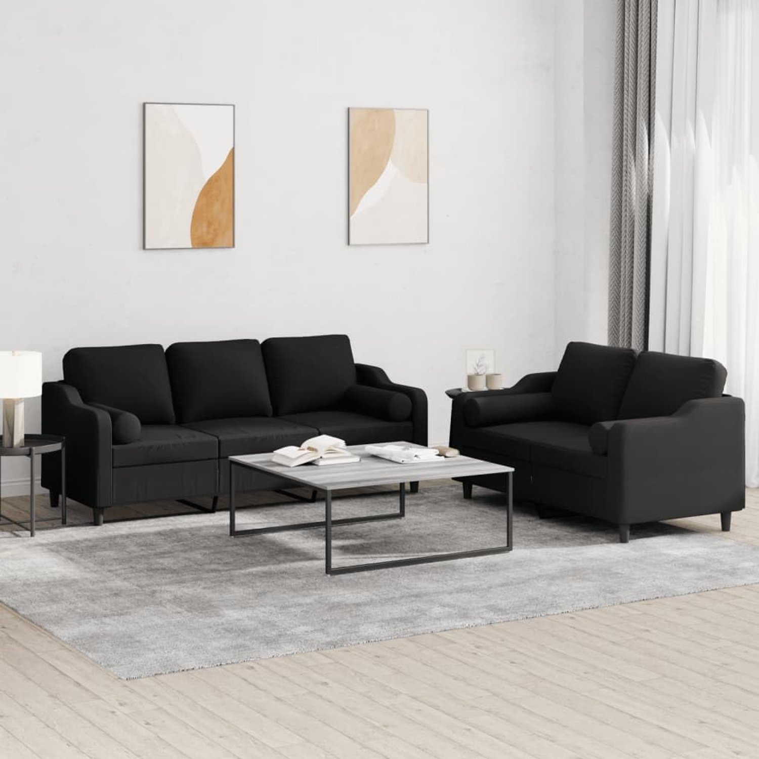 2-delige bankset met kussen zwarte stof, kussen met rolfunctie voor extra comfort, duurzame zitmeubelen met robuust frame van multiplex en metaal