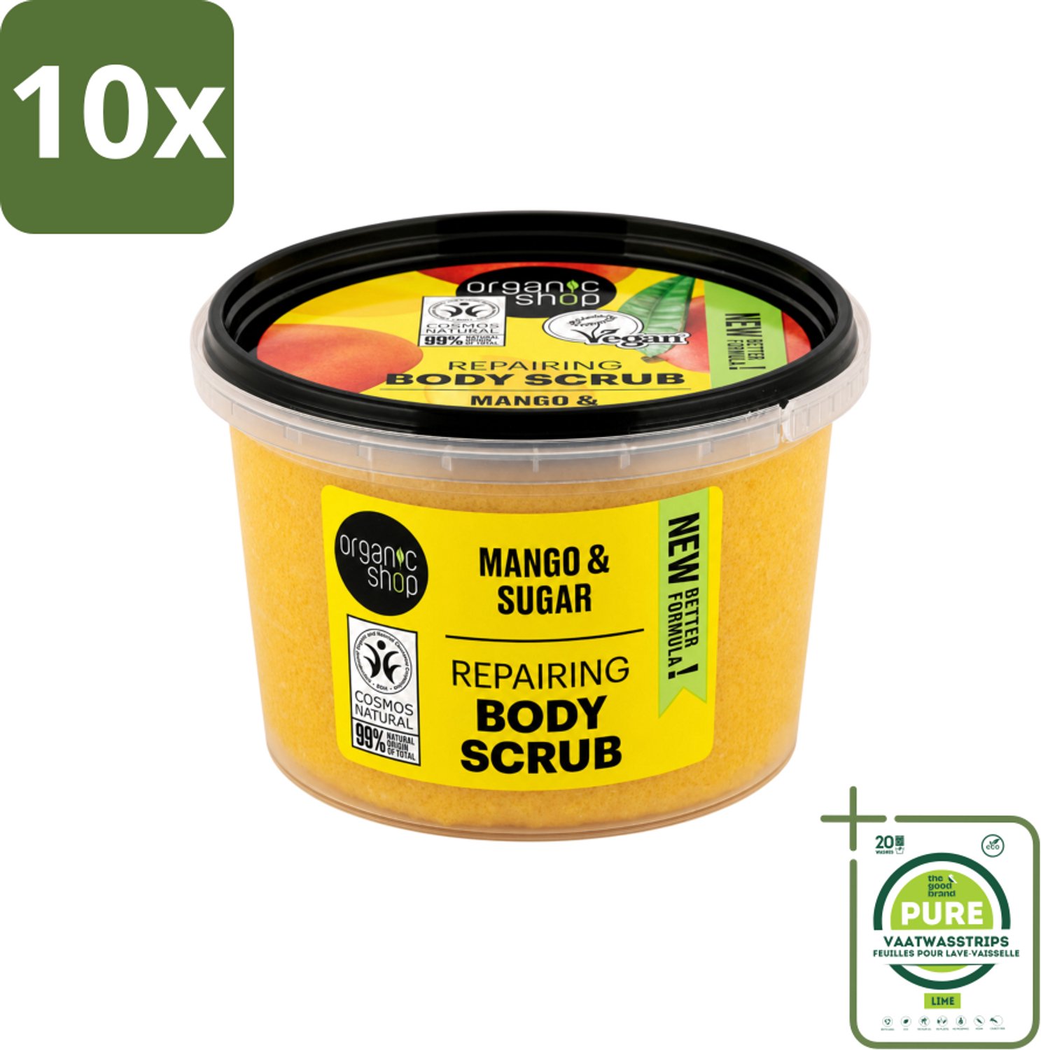 10 x Organic Shop - Organic Mango & Sugar Body Scrub - Peeling en Geur - 250 ml - Grootverpakking - Vaatwasstrips - Organische Bodyscrub - Mango Scrub - Exfoliatie Huid - Huidvernieuwing - Natuurlijke Scrub