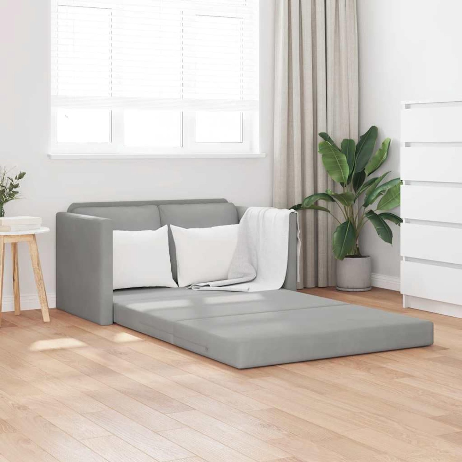 Vloerbank met slaapfunctie, lichtgrijs, 122 x 204 x 55 cm, fluweel, 2-in-1 zitgelegenheid, opvouwbaar, metalen frame