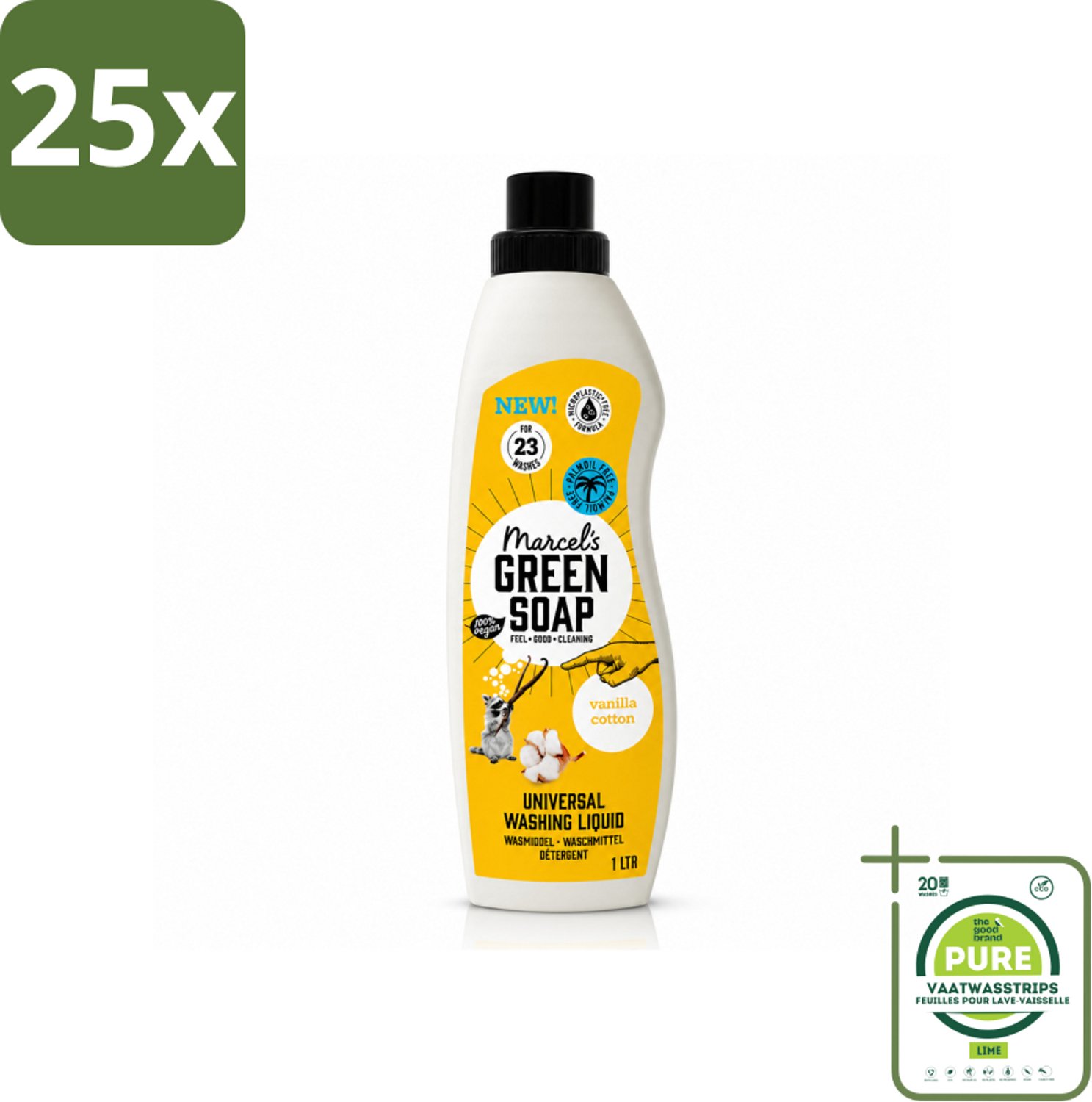 25 x Marcel's Green Soap - Vloeibaar Wasmiddel - Katoen & Vanille - Effectief & natuurlijk - 23 Wasbeurten - 1 Liter - Grootverpakking - Vaatwasstrips - Wasmiddel - Natuurlijke Zeep - Milieuvriendelijk - Katoen En Vanille - Schoon Wasgoed