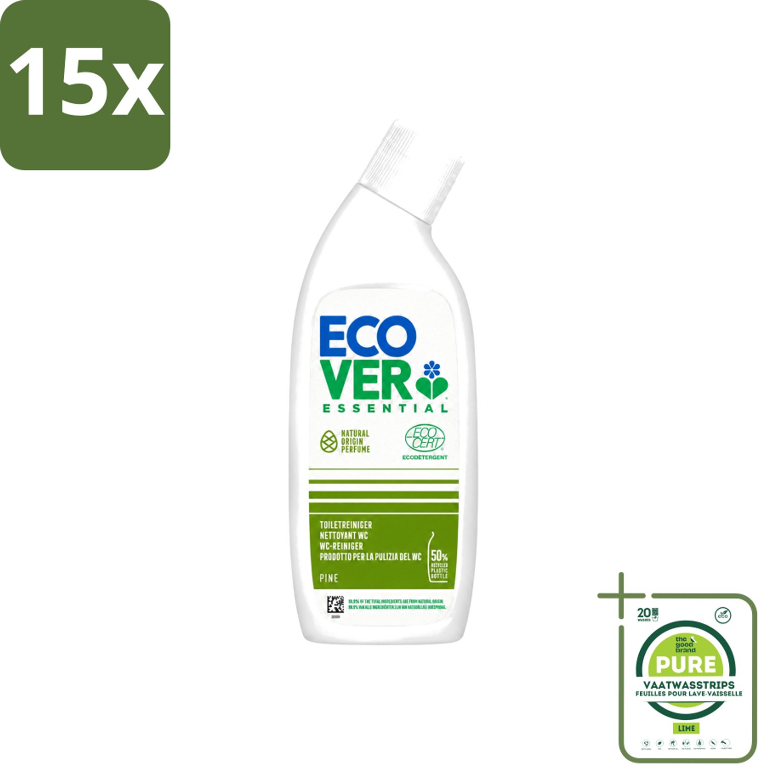 15 x Ecover - Toiletreiniger Essential - Dennenfris - 750 ml - Grootverpakking - Vaatwasstrips - Toiletreiniger - Natuurlijke Reiniging - Kalkverwijdering - Fris Geur - Dennenaroma