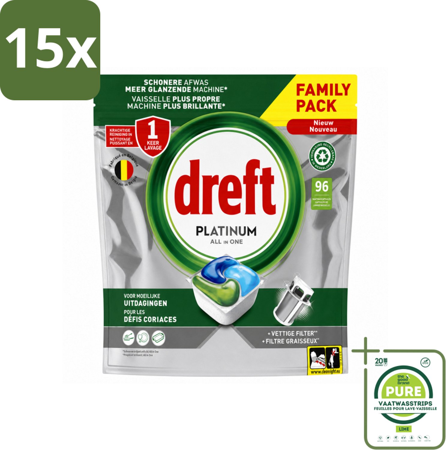 15 x Dreft - Vaatwastabletten - Platinum All-in-One Origineel - Grootverpakking - 96 Tabletten - Grootverpakking - Vaatwasstrips - Vaatwasser - Vaatwasser Tablet - Vaatwasser Reinigen - Vaatwasser Filter - Vaatwasser Vet