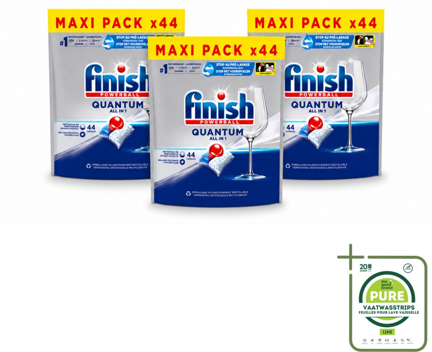 3 x Finish - Vaatwasmiddel - Quantum All in One Regular - Alles-in-1 Kracht - 44 capsules - Grootverpakking - Vaatwasstrips - Vaatwasser - Reiniging - Glans - Vaatwastablet - Quantum