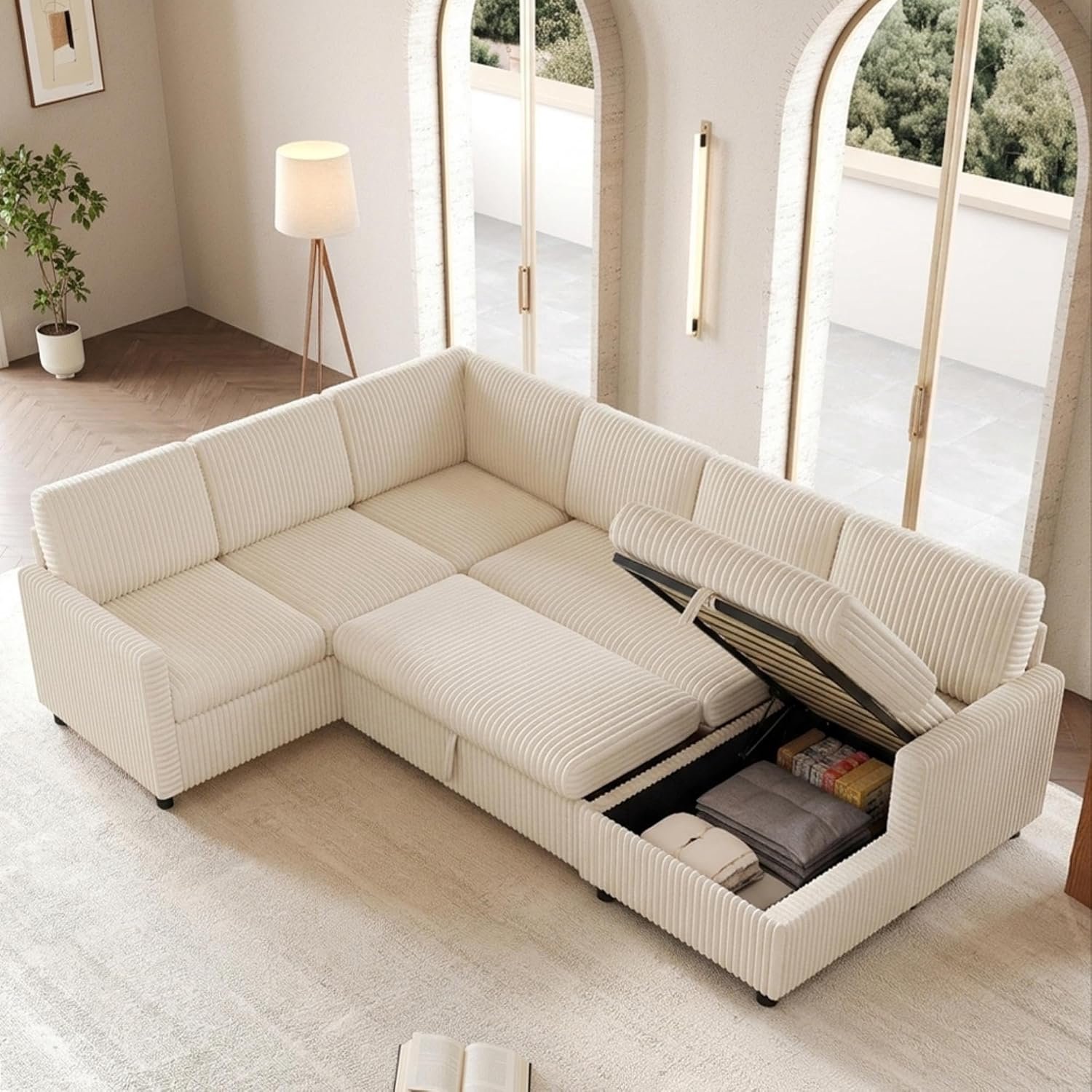 Slaapbank met opbergruimte, corduroy, uittrekbaar, beige, 274 cm