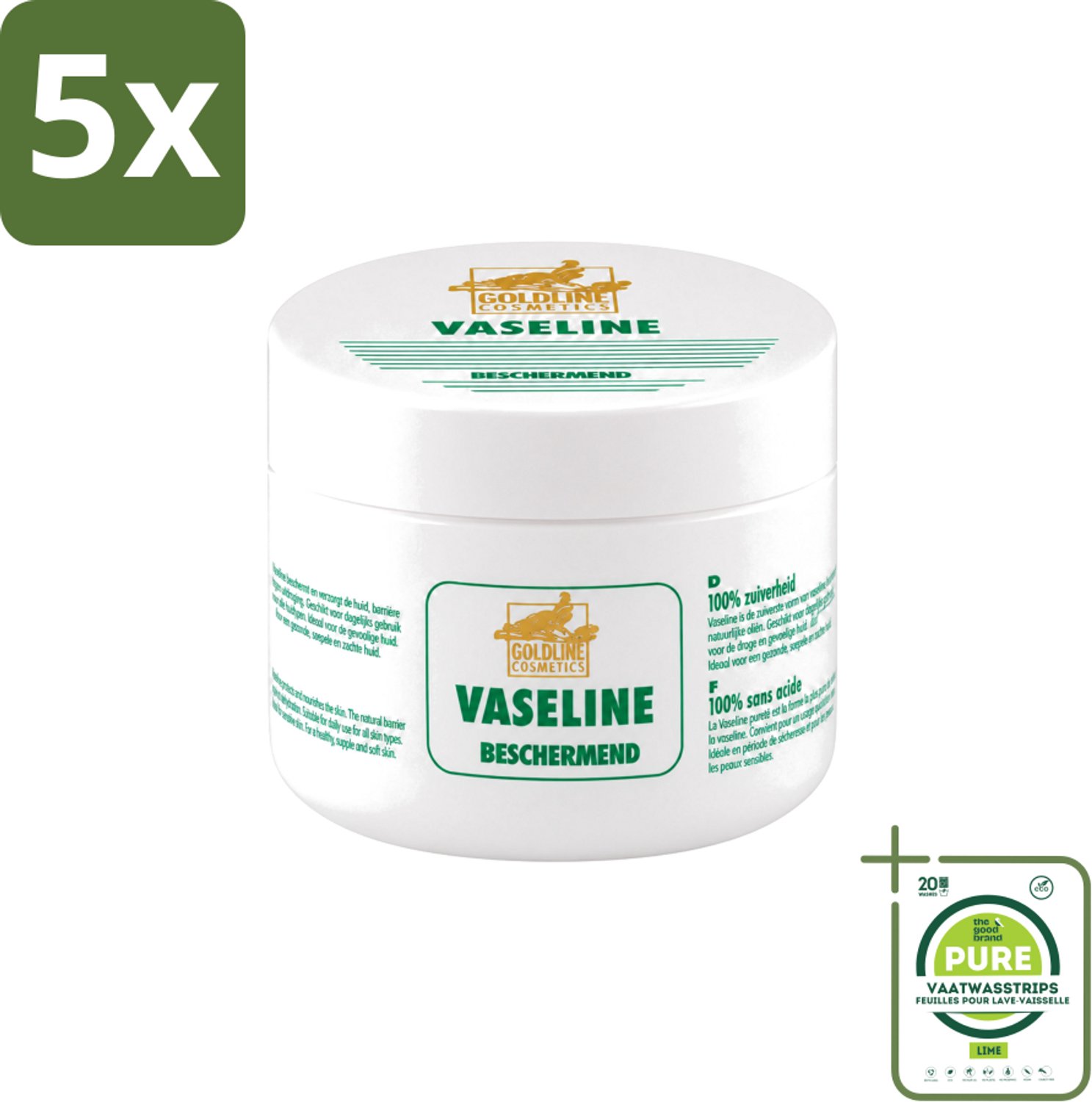 5 x Goldline - Vaseline - Huidverzorging - Beschermend & Hydraterend - 250 ml - Grootverpakking - Vaatwasstrips - Bodycrème - Hydratatie - Bescherming - Huidverzorging - Vocht Vasthouden