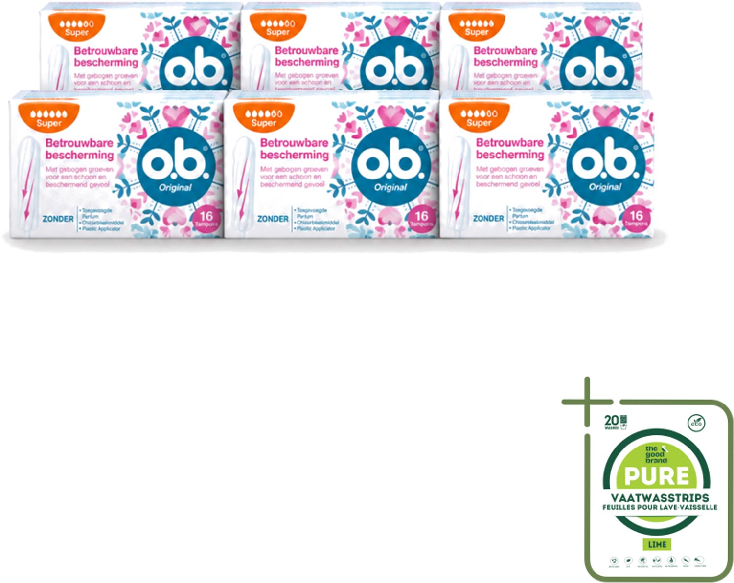6 x o.b. Tampons - Original Super - Gebogen Groeven - Voor Betrouwbare Bescherming - 16 Tampons - Grootverpakking - Vaatwasstrips - Tampons - Menstruatiebescherming - Gebogen Groeven - StayDry - Plantaardige Kern