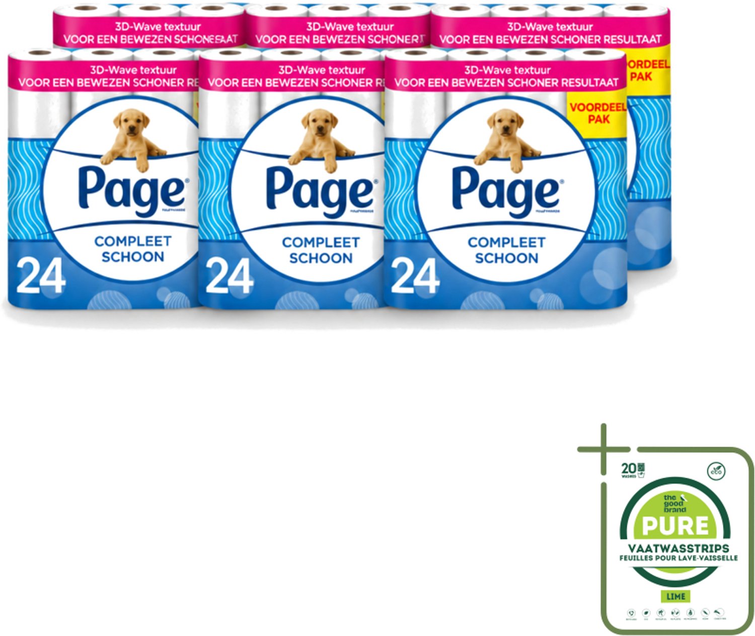 6 x Page - Compleet Schoon - Toiletpapier - 2-Laags - Comfortabel & Zacht - 24 Rollen - Grootverpakking - Vaatwasstrips - Toiletpapier - 2-laags Toiletpapier - 3D Wave™ - Katoen - Hygiëne