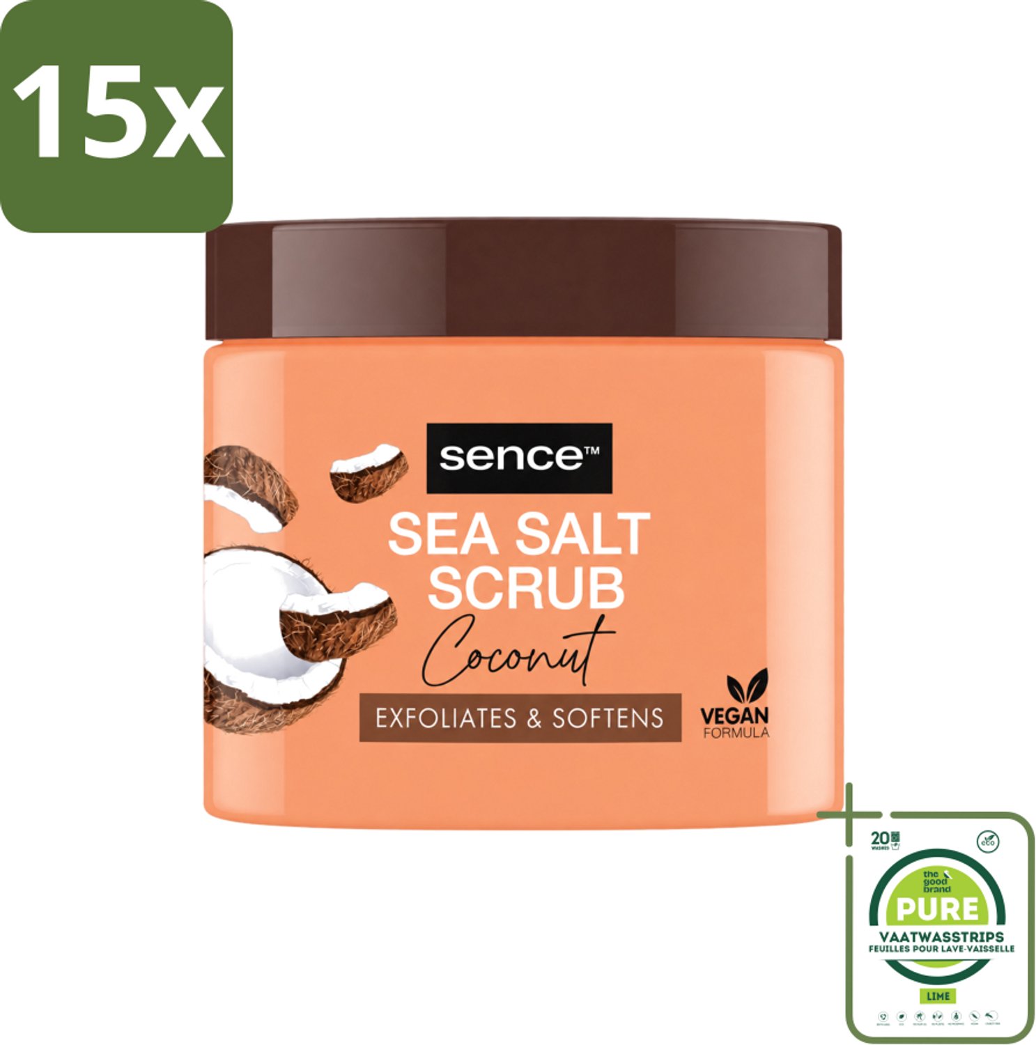 15 x Sence - Coconut - Bodyscrub - Verzorgend - 500 g - Grootverpakking - Vaatwasstrips - Bodyscrub Kokos - Huid Verzorging - Exfolieer Huid - Huid Reinigen - Kokos Geur