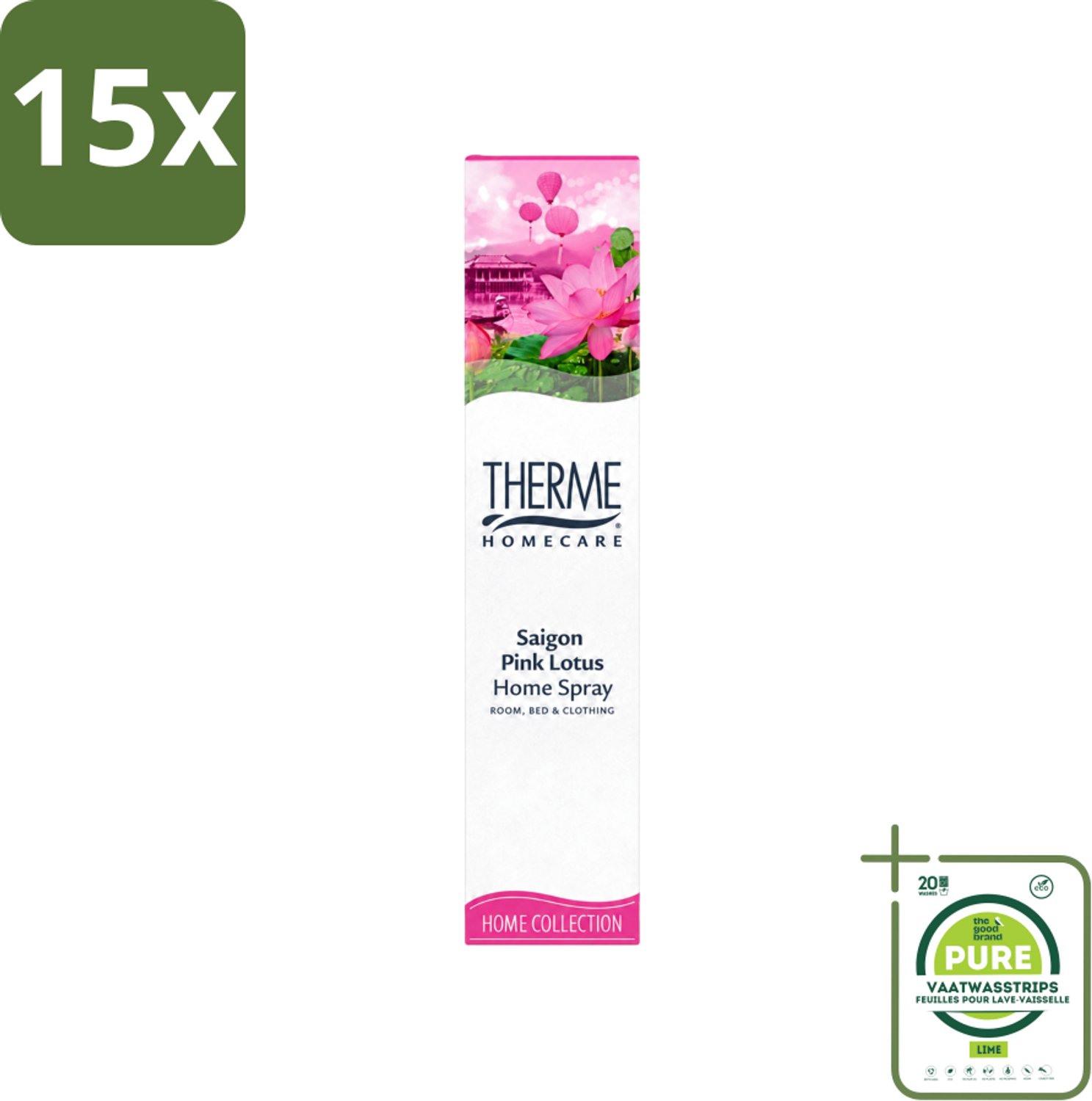 15 x Therme - Interieurspray - Saigon Pink Lotus - Oosterse Romantiek in Huis - 60 ml - Grootverpakking - Vaatwasstrips - Interieurspray - Geur - Oosterse Geur - Saigon Pink Lotus - Wellness