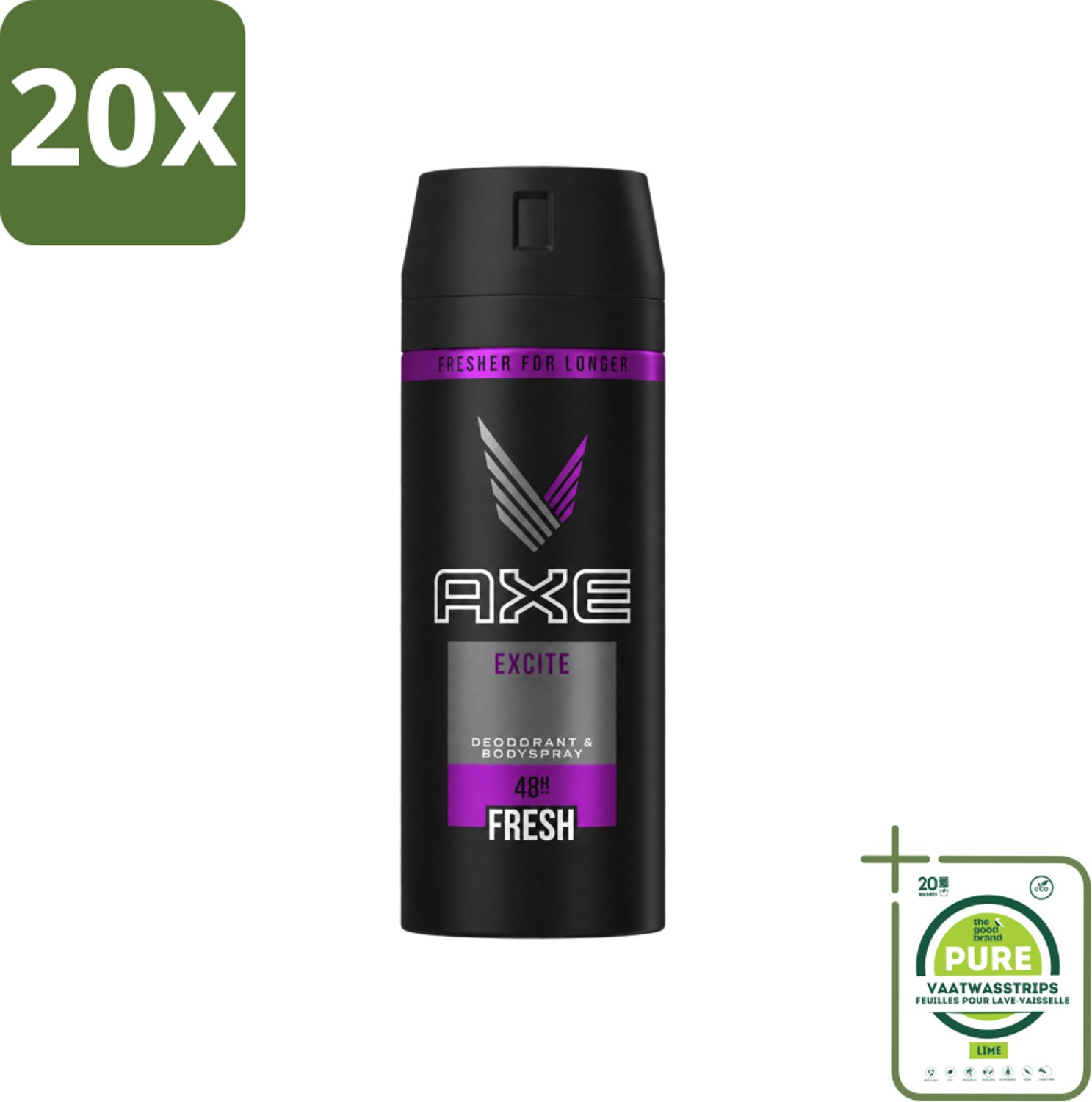 20 x Axe - Deodorant Bodyspray - 48hrs Fresh - Excite - 150 ml - Grootverpakking - Vaatwasstrips - Deodorant - Bodyspray - Geur - Lichaamsgeur - Axe Excite