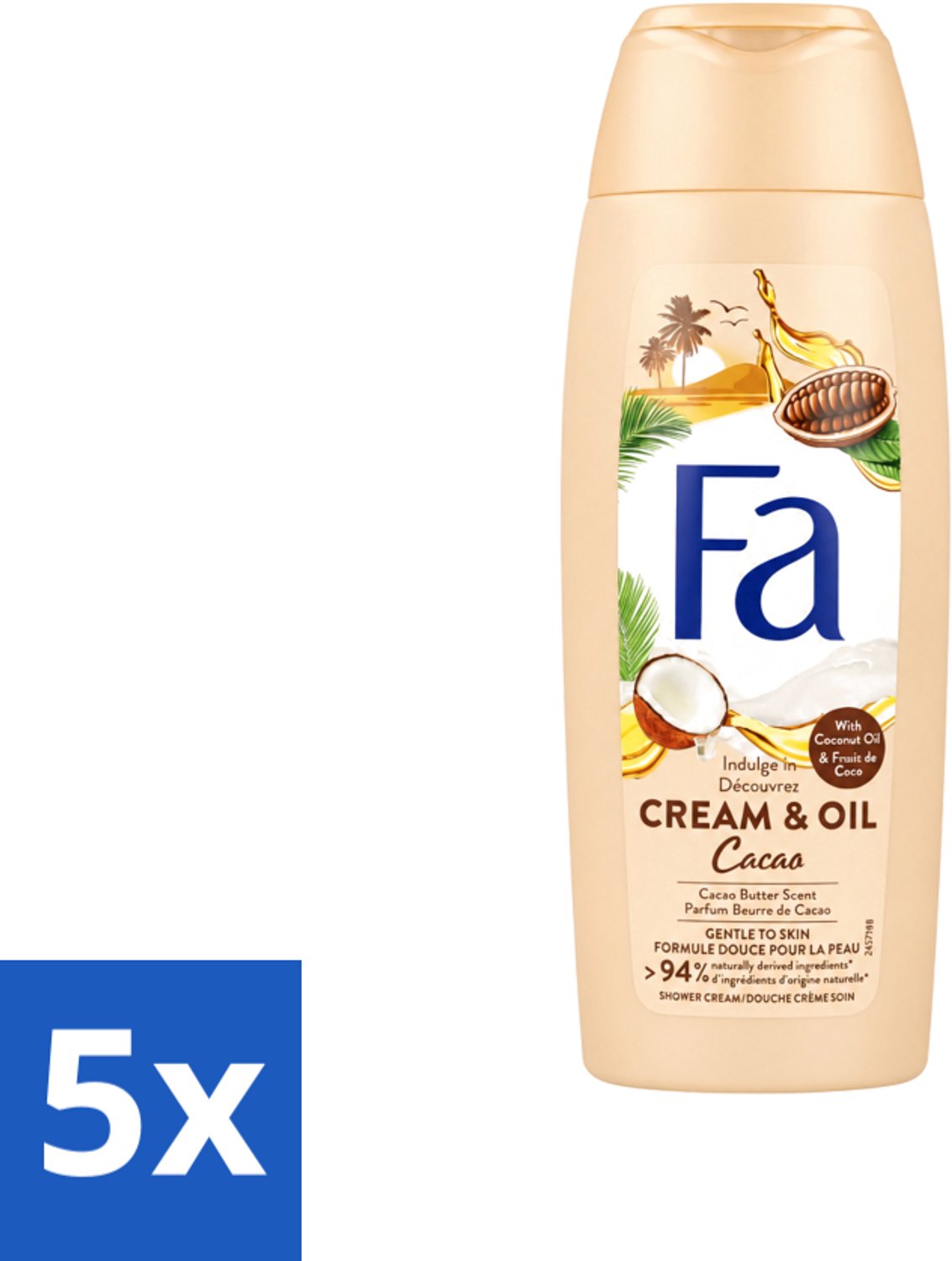 5 x Fa - Douchecrème - Room & Olie Kokosnuss Kakaoboter - Verzachtend & Voedend - 250 ml - Voordeelverpakking - 5 stuks