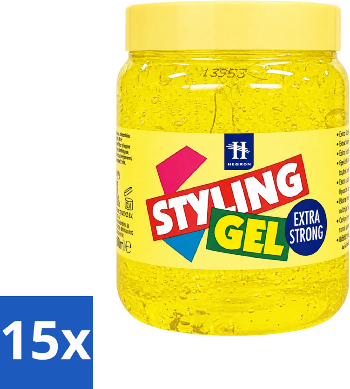 15 x Hegron - Styling Haargel - Extra Strong - Voor Sterke Fixatie - 500 ml - Voordeelverpakking - 15 stuks
