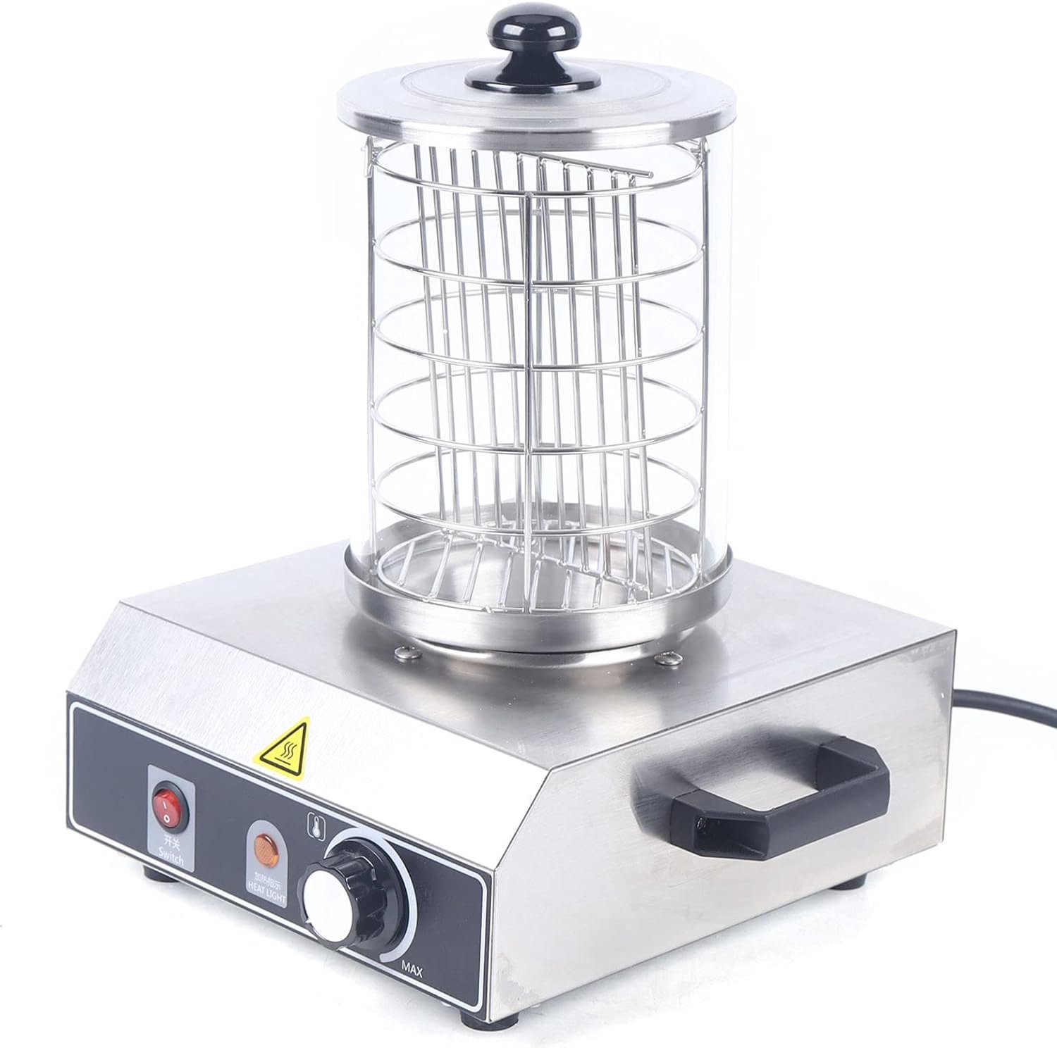 Hot Dog Maker, 350 watt, 2 verwarmingspijsen, temperatuurregelaar 0 tot 85 °C, glazen cilinder: Ø 21,5 cm, roestvrijstalen kooi: Ø 16 cm, roestvrijstalen behuizing, professionele worstkoker, zilver 26