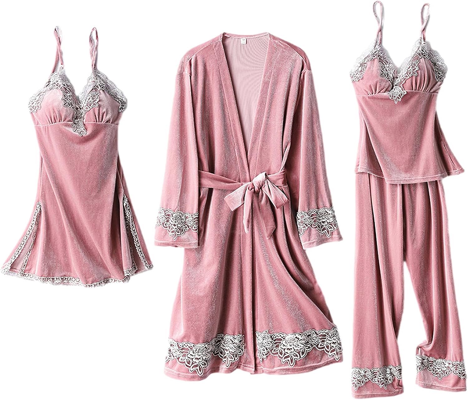 Katoenen pyjama met borduurwerk, 4 stuks, voor dames, badjas + jurk + broek, thermische winternachtkledingset, roze, M