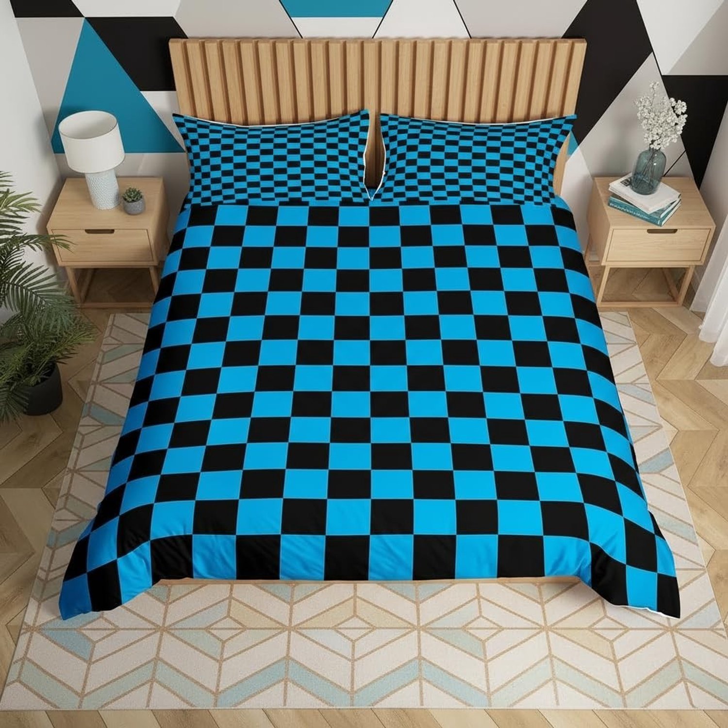 Blauw Zwart Rooster Kinderdekbedset voor Jongens en Meisjes - Geometrische Print