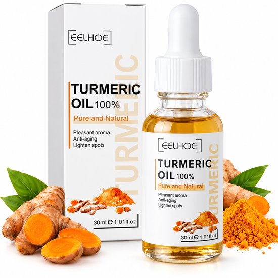 Eelhoe kurkuma olie 30ml in verpakking en glazen flesje met pipet, omringd door verse kurkumawortels en poeder.