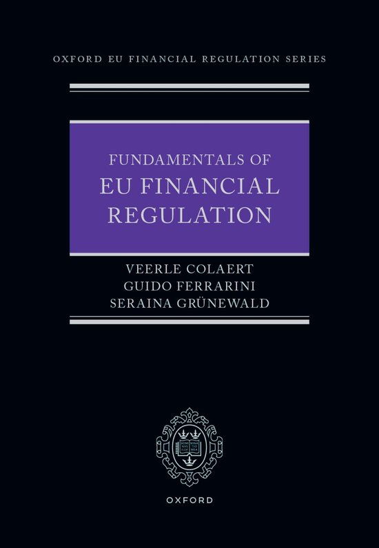 Couverture de livre noire avec rectangle violet, titre Fundamentals of EU Financial Regulation et logo Oxford en bas.