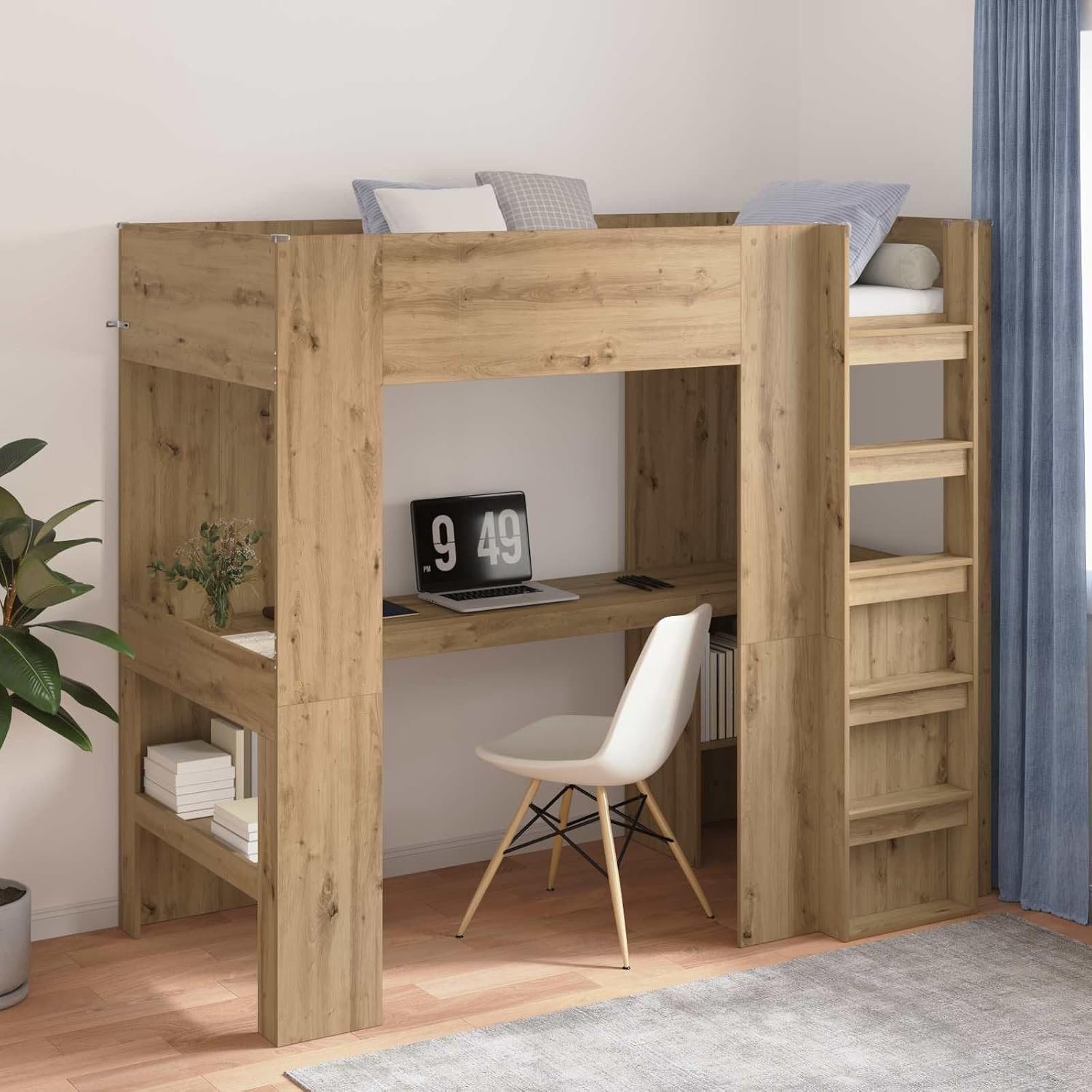 Hout ruimtebesparend studeerbed 90 x 190 cm artisanaal eiken