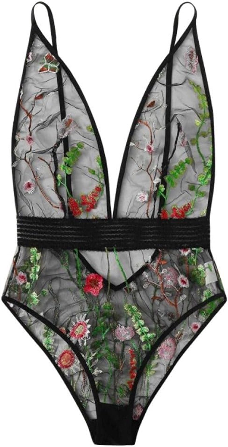 & korsetten Geborduurd Kant Sexy Lichaam Vrouwen Transparante Lingerie Diepe V-hals Sexy Ondergoed set-Black_L