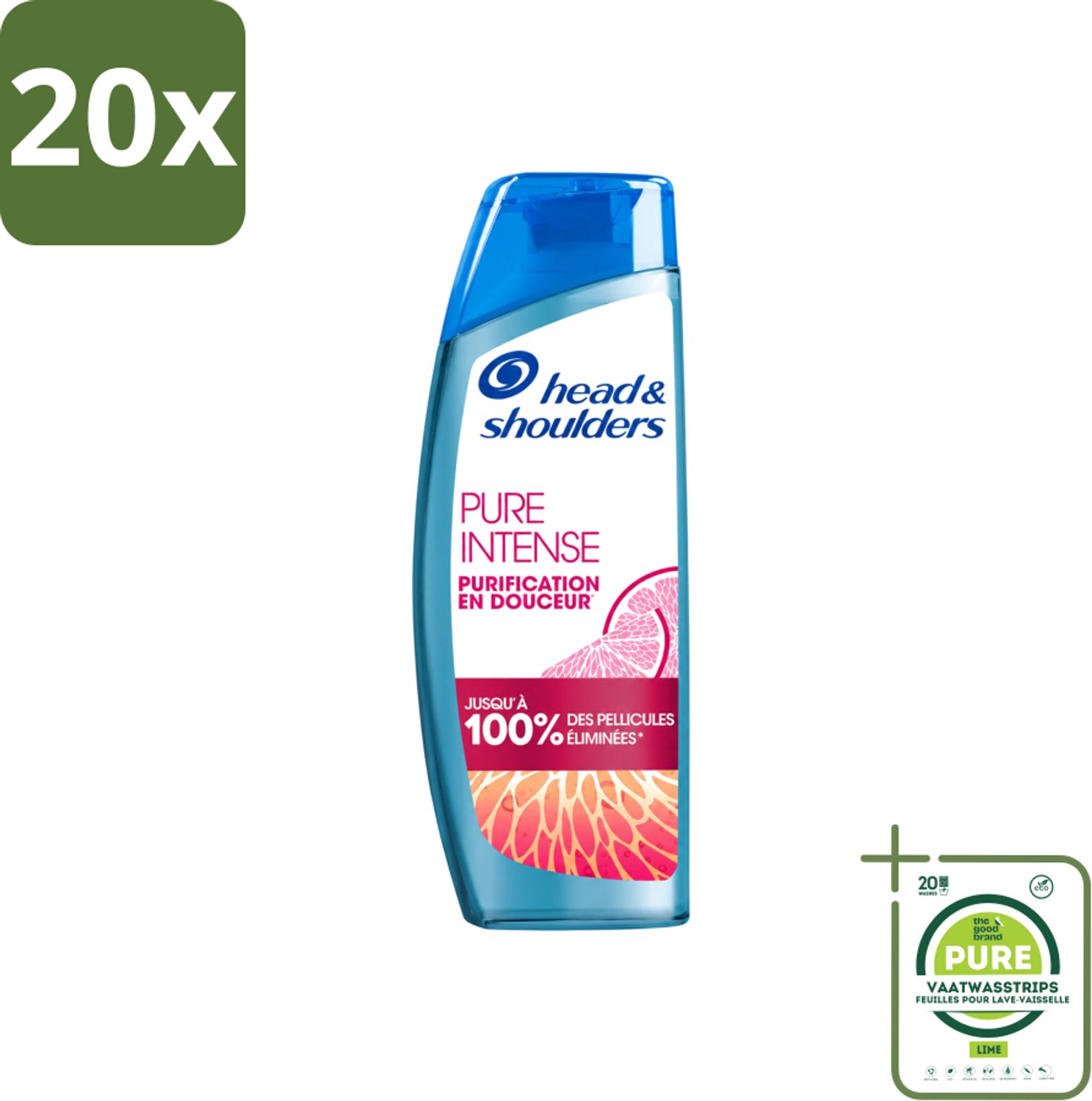 20 x Head & Shoulders - Anti-Roos Shampoo - Pure Intense - Grapefruit - 250 ml - Grootverpakking - Vaatwasstrips - Anti-roos Shampoo - Vet Hoofd - Schone Hoofdhuid - Roosvrij Haar - Grapefruit Geur