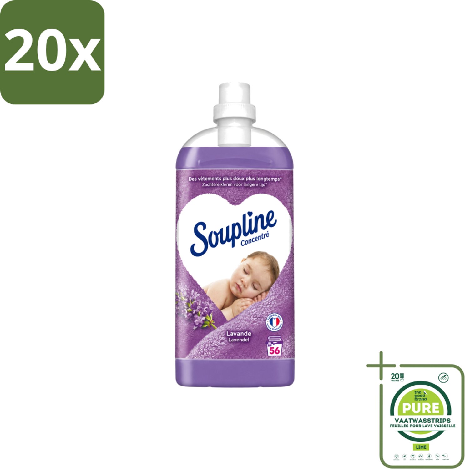 20 x Soupline - Wasverzachter - Lavendel - 56 Wasbeurten - 1.3L - Grootverpakking - Vaatwasstrips - Wasverzachter - Wasgoed Verzachten - Lavendel Geur - Wasgoed Verzorgen - Wasverzachter Lavendel