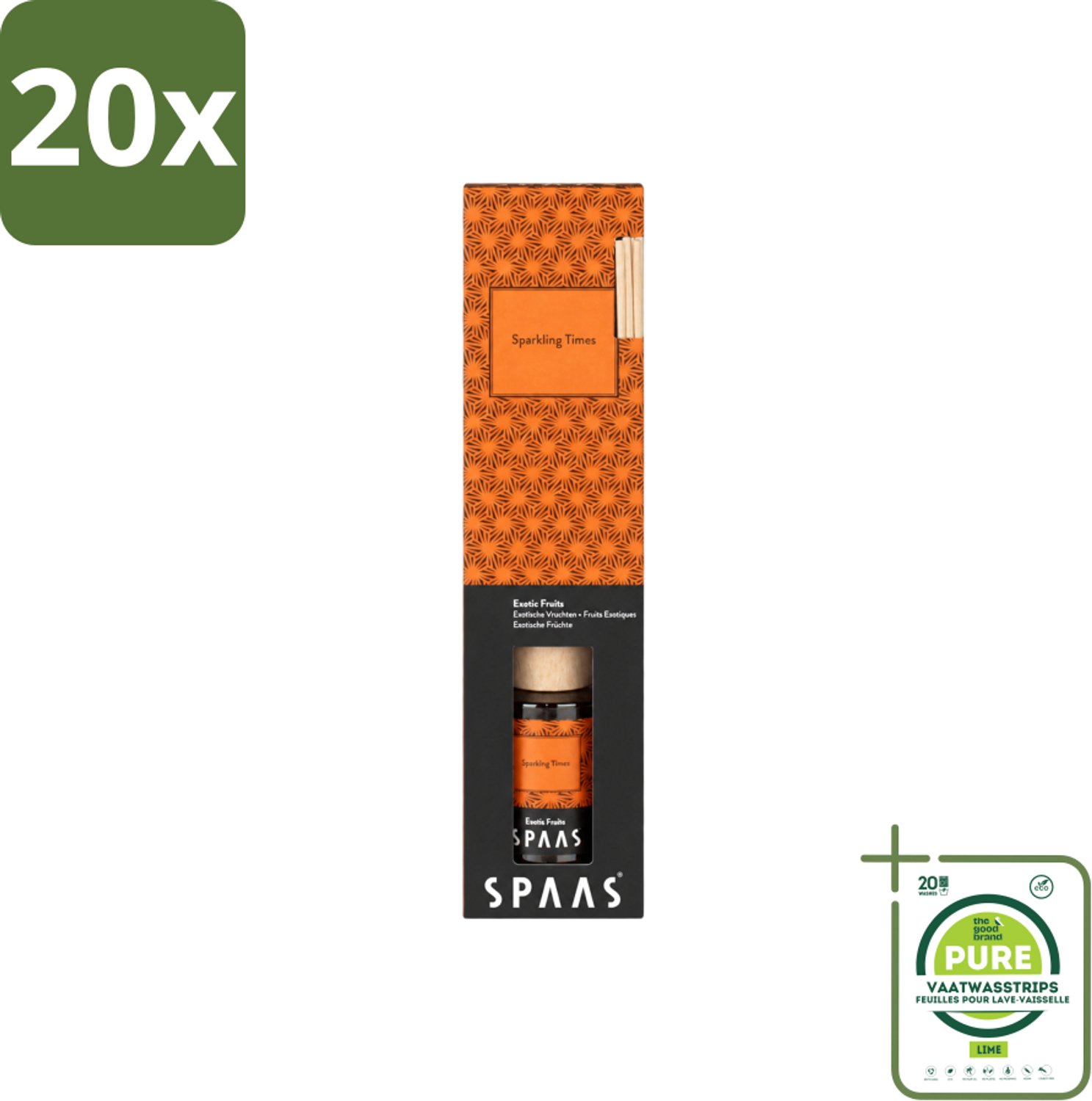 20 x Spaas - Geurstokjes - Sparkling Times - Exotische Vruchten - 80 ml - Grootverpakking - Vaatwasstrips - Geurstokjes - Exotische Geur - Fruitige Geur - Spaas Geurstokjes - Sparkling Times