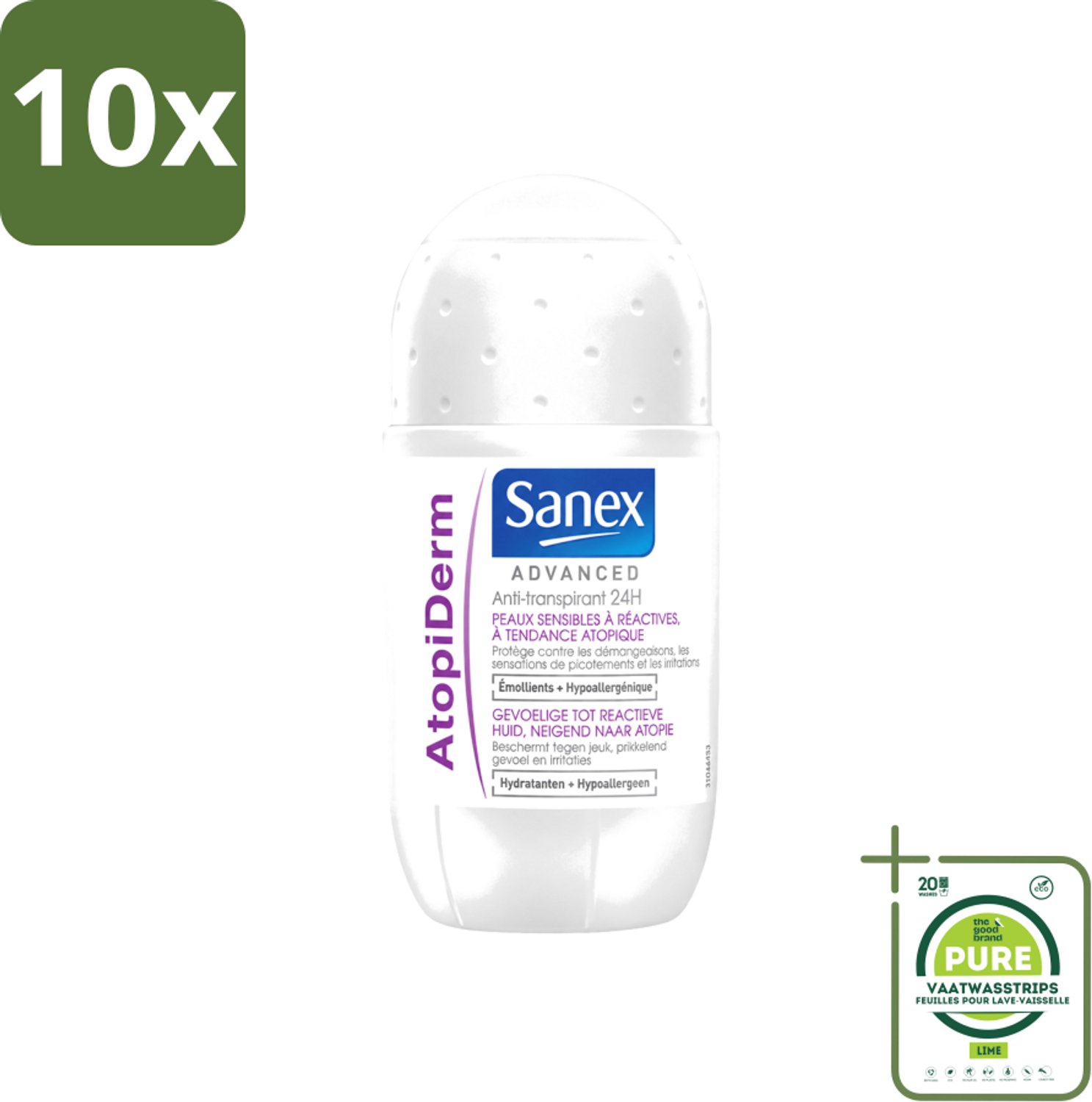 10 x Sanex Advanced - Gevoelig - Deodorant Roller - 24h Anti-Transpirant - Geavanceerd Atopiderm - 50 ml - Grootverpakking - Vaatwasstrips - Gevoelige Huid - Gevoelig Deodorant - 24h Bescherming - Atopiderm - Huidbarrière