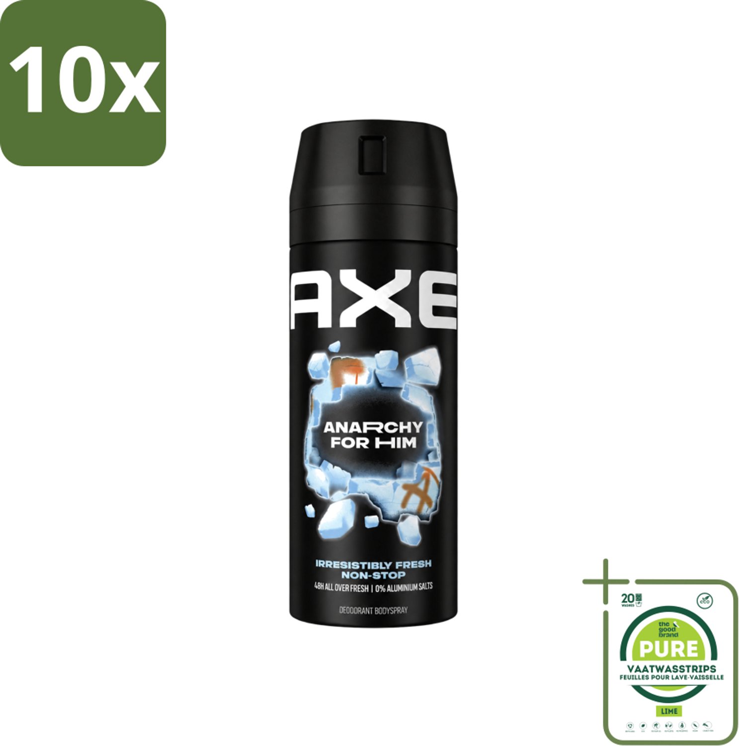 10 x Axe - Deodorant Bodyspray - 48hrs Fresh - Anarchy for Him - Dark Pomegranate & Sandalwood - 150 ml - Grootverpakking - Vaatwasstrips - 48 Uur Frisheid - Deodorant Bodyspray - Geur Van Granaatappel - Geur Van Sandelhout - Zinktechnologie