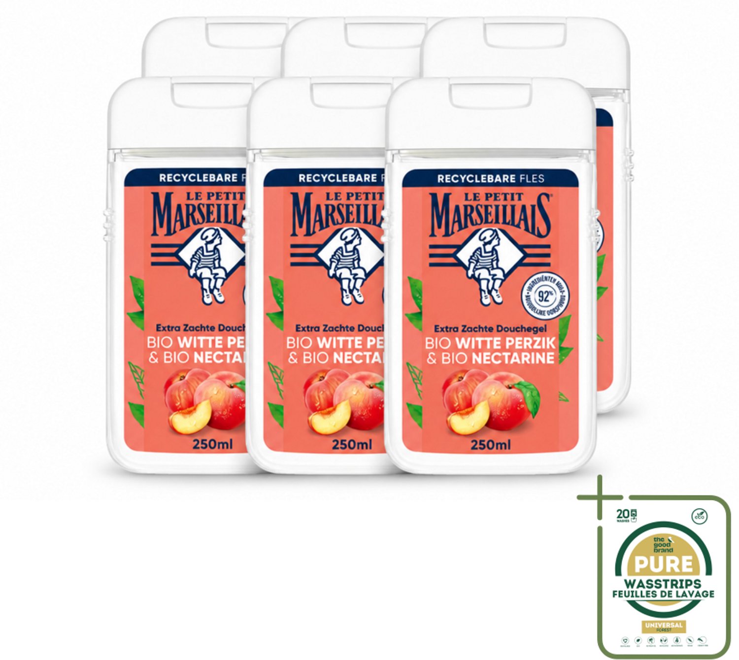 6 x Le Petit Marseillais – Douchegel – Bio Perzik & Nectarine – Verfrissend – 250 ml - Wasstrips - Douchegel Bio Perzik En Nectarine - Frisse Douchegel - Bio Douchegel - Fris Douchegel - Perzik En Nectarine Geur