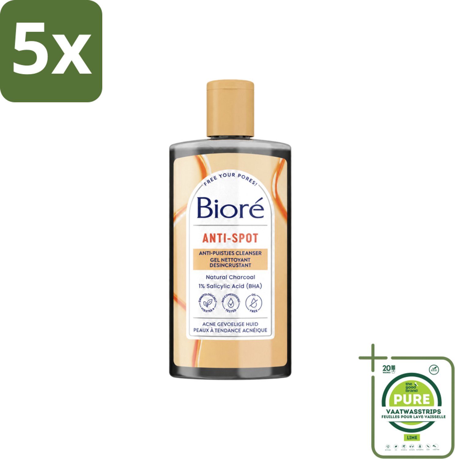 5 x Bioré – Houtskool Anti-Puistjes Reinigingsgel – Gezichtsreiniger – 200 ml - Grootverpakking - Vaatwasstrips - Houtskool Reinigingsgel - Puistjes Voorkomen - Gezicht Reinigen - Salicylzuur - Vet Huid Reinigen