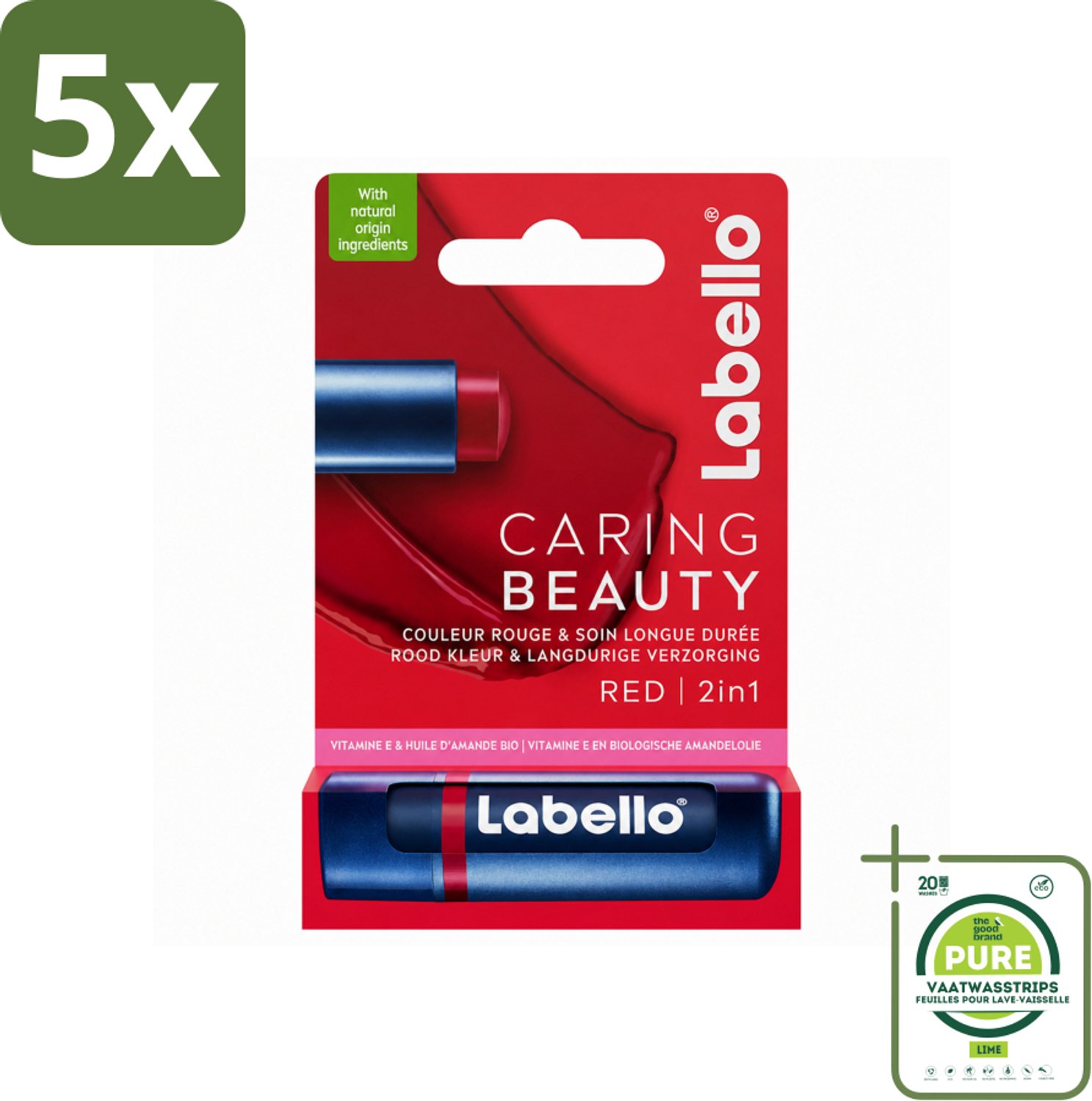 5 x Labello –Lippenbalsem – Caring Beauty Red – 5,5 ml - Grootverpakking - Vaatwasstrips - Lippenbalsem - Verzorging - Rode Tint - Hydraatatie - Natuurlijke Oliën