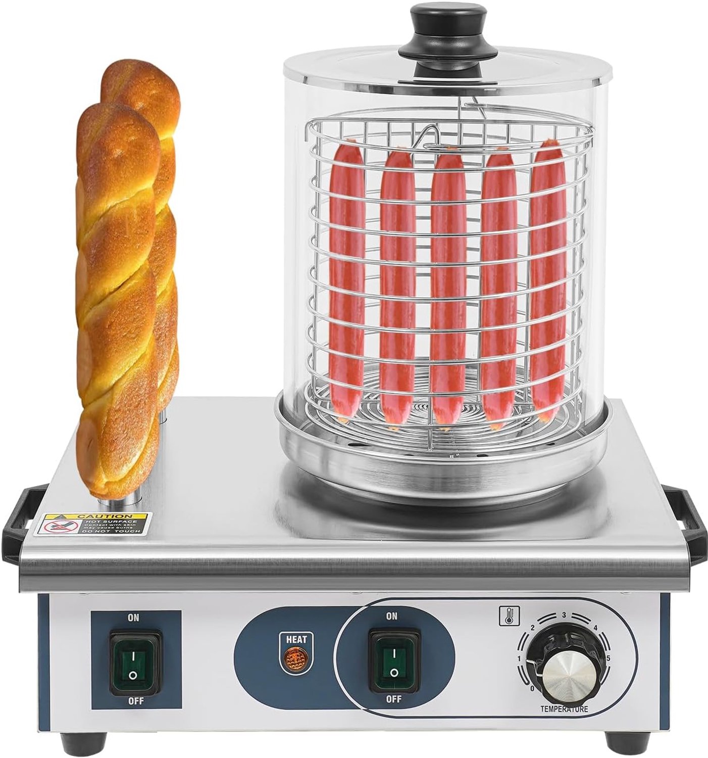 Hot Dog Maker, 550 W, 6 l, worstjeswarmer met 2 verwarmingspiezen, temperatuurbereik 50-300 °C, voor hot dogs, worstjes en broodjes
