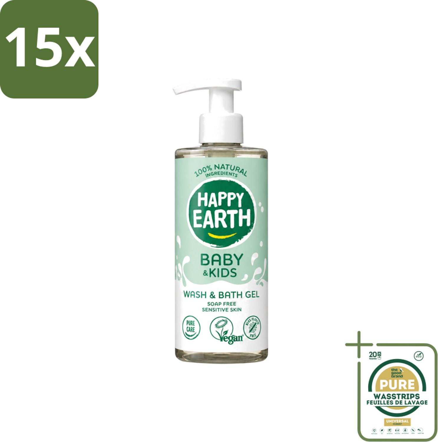 15 x Happy Earth – Was & Badgel – Zeepvrij Baby & Kids – 300 ml - Wasstrips - Babywasgel - Zeepvrij Babywasgel - Huidverzorging - Mild Wasgel - Allergeenvrije Wasgel