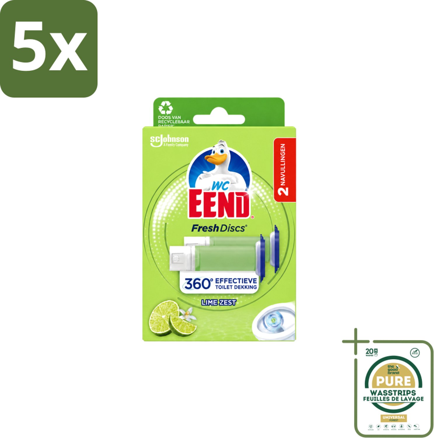 5 x WC Eend – Fresh Discs – Duo Navulling – Lime Zest – 72 ml - Wasstrips - Toilet Reinigen - Toilet Hygiëne - Toilet Blok - Toilet Navulling - Toilet Frisheid