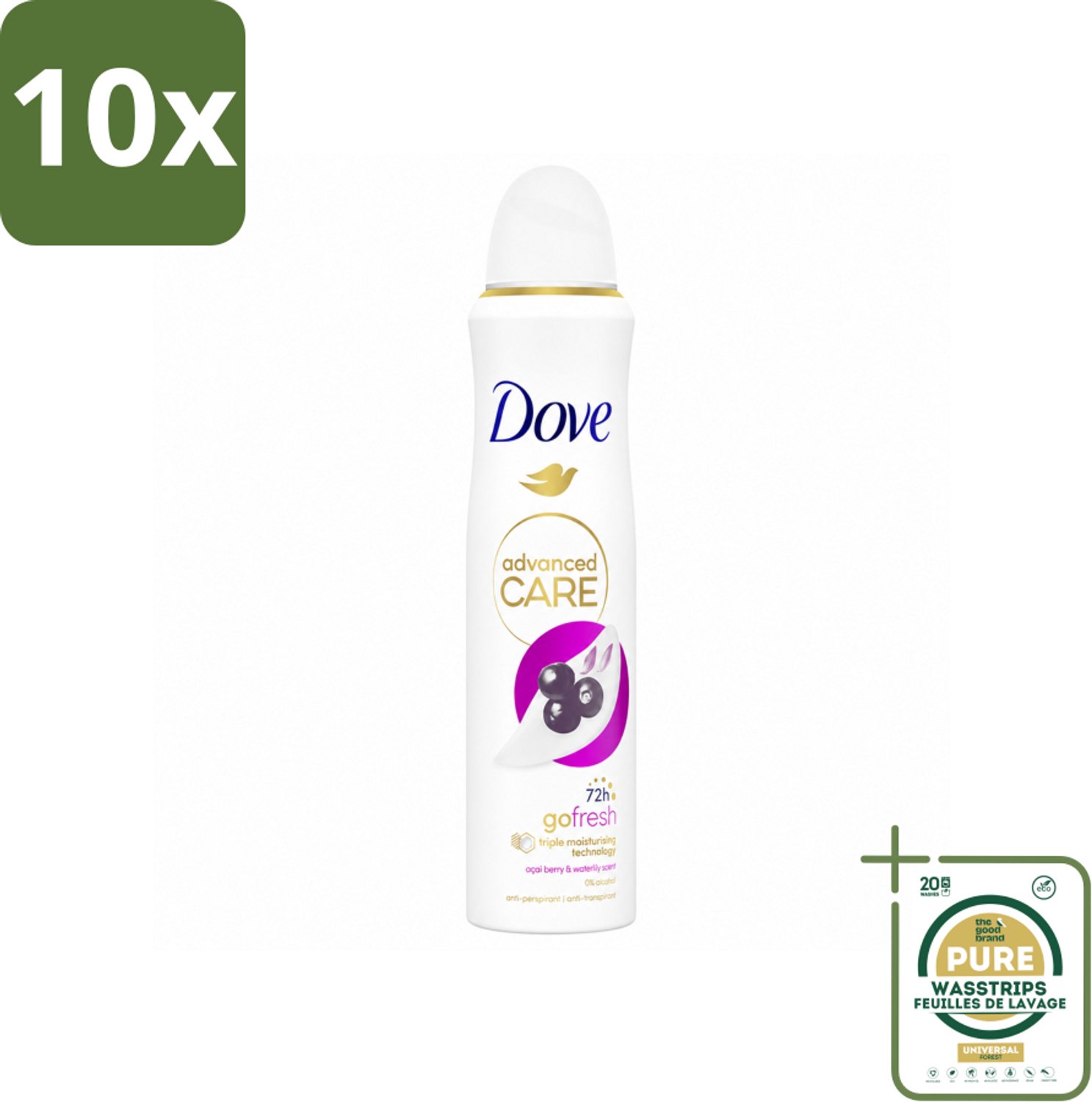 10 x Dove – Deodorant Spray – Acai Berry & Waterlily – 150 ml - Wasstrips - Anti-transpirant Spray - Deodorant Spray - Acai Berry - Waterlily Geur - Zweetvermindering