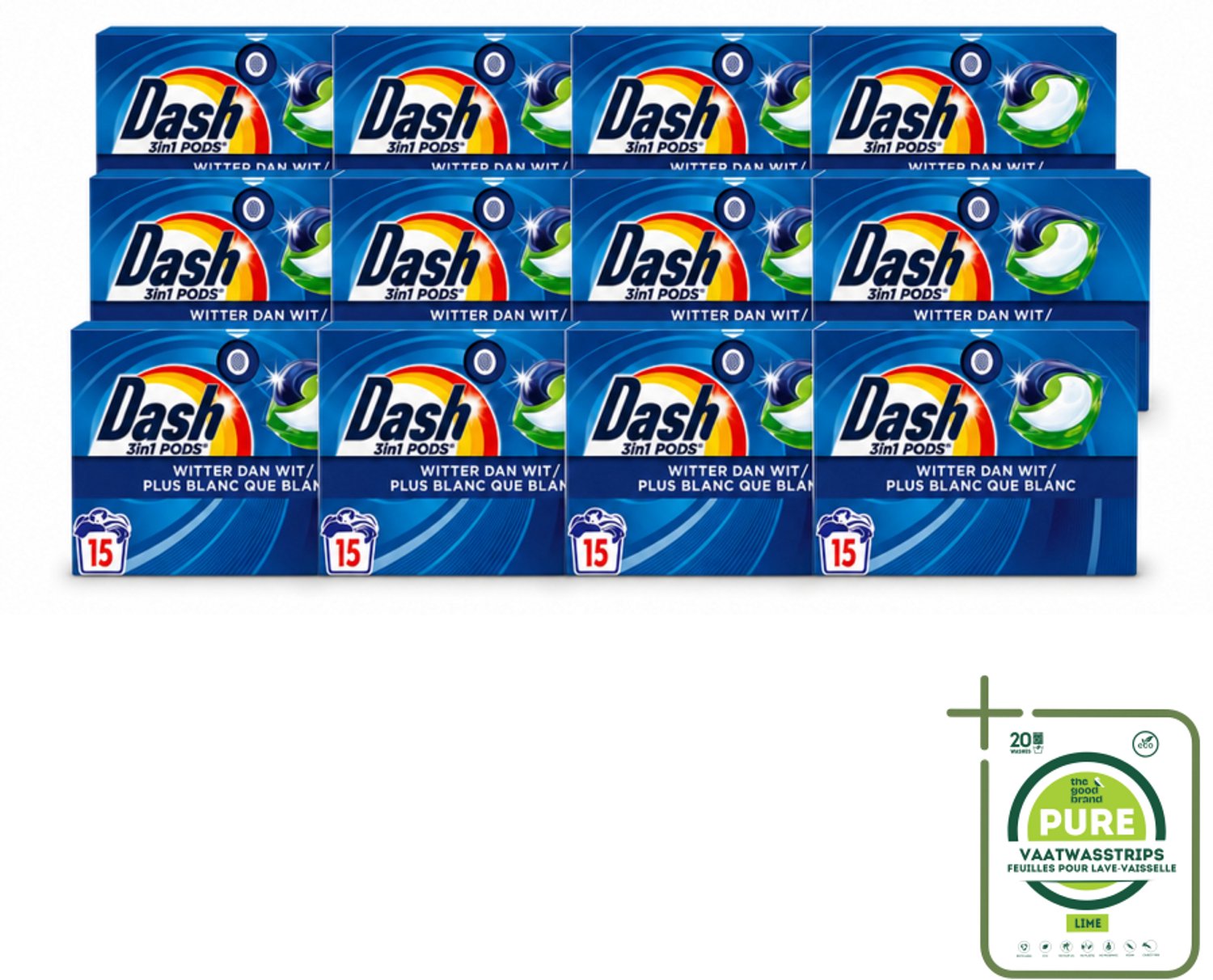 12 x Dash – Wasmiddelcapsules – 3in1 Pods Original – 15 capsules - Grootverpakking - Vaatwasstrips - Wasmiddel - Witte Was - Vlekken Verwijderen - Frisse Was - Koud Water Was
