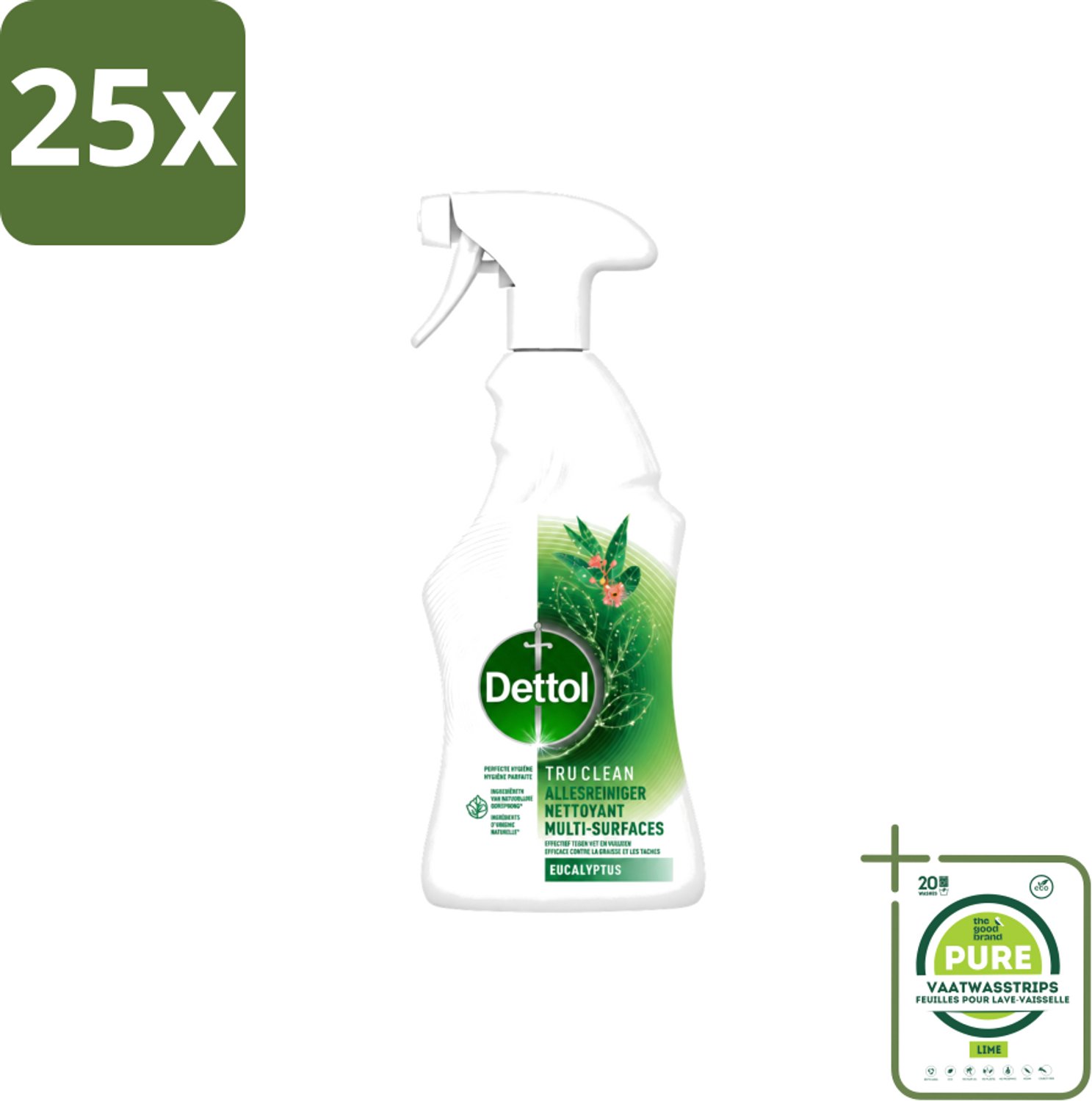 25 x Dettol Tru Clean - Allesreiniger - Spray - Eucalyptus - Multi-Oppervlakken - 500ml - Grootverpakking - Vaatwasstrips - Allesreiniger - Vet En Vlekken Verwijderen - Eucalyptusgeur - Natuurlijke Ingrediënten - Milieuvriendelijk