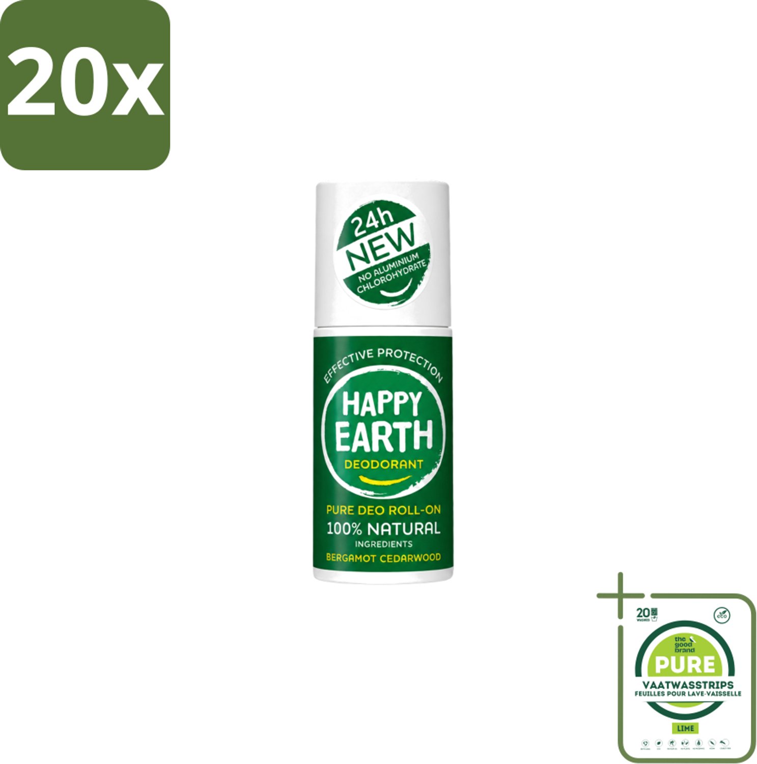20 x Happy Earth – Deodorant Roll-On – 100% Natuurlijk Bergamot Cedarwood – 75 ml - Grootverpakking - Vaatwasstrips - Bergamot - Cederhout - Natuurlijke Deodorant - Roll-on Deodorant - 24 Uur Bescherming