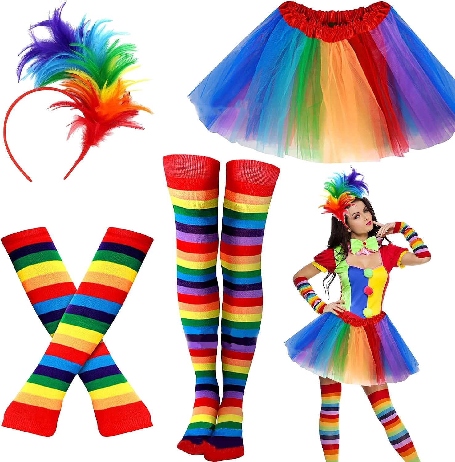 Regenboog dameskostuum, jaren 80-kostuum, neon accessoires, outfit, met regenboog, tule rok, handschoenen, sokken en haarsieraden, voor Halloween-carnavalsfeest uit de jaren 80 en 90