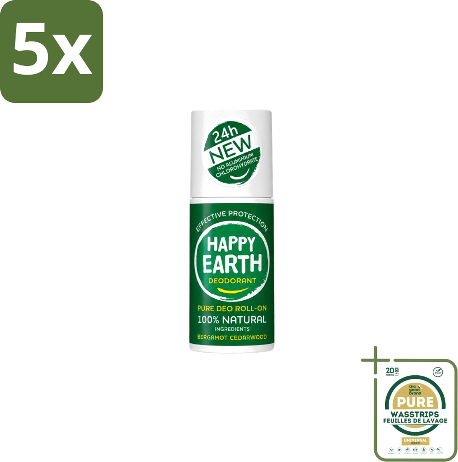 5 x Happy Earth – Deodorant Roll-On – 100% Natuurlijk Bergamot Cedarwood – 75 ml - Wasstrips - Natuurlijke Deodorant - Bergamot - Cederhout - Roll-on Deodorant - 24 Uur Geurbeleid