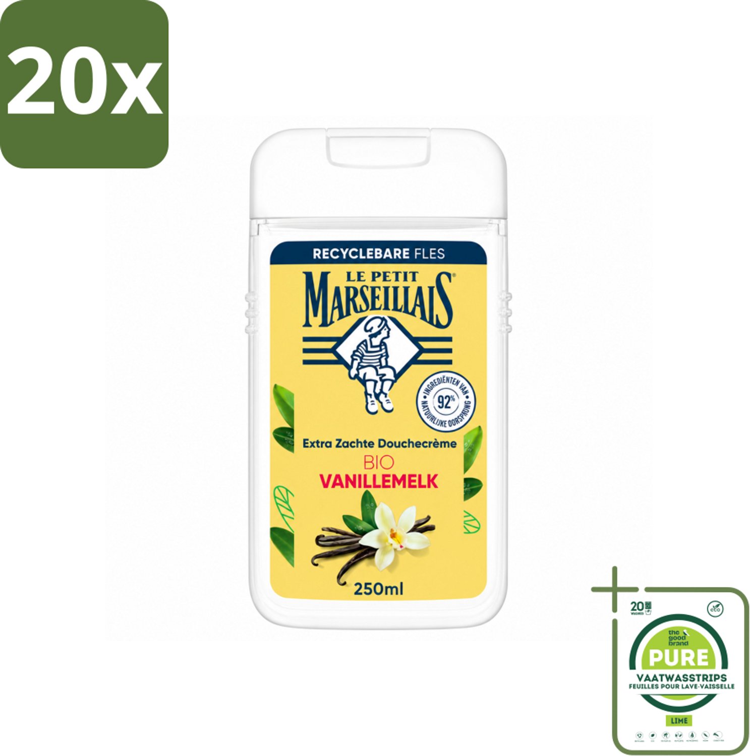 20 x Le Petit Marseillais – Douchecrème – Lait de Vanille Bio – Extra zacht – 250 ml - Grootverpakking - Vaatwasstrips - Douchecrème - Vanille - Bio - Huid Verzorgen - Natuurlijke Douchecrème