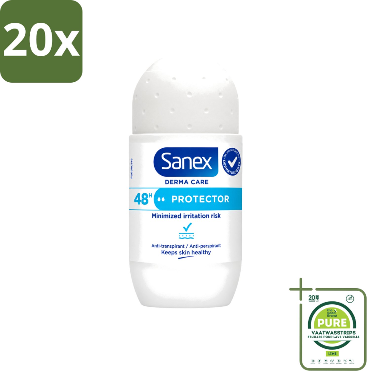 20 x Sanex – Deodorant Roller – Dermo Protector – 53 ml - Grootverpakking - Vaatwasstrips - Deodorant Roller - Huidbescherming - Zweetbehandeling - Geurvervoeging - Mineralen