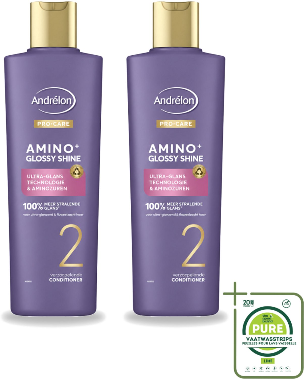 2 x Andrélon – Conditioner – Pro Care Amino+ Glossy Shine – 250 ml - Grootverpakking - Vaatwasstrips - Haar Glans - Aminozuren - Zijdezacht Haar - Spiegelachtige Glans - Zachter Haar
