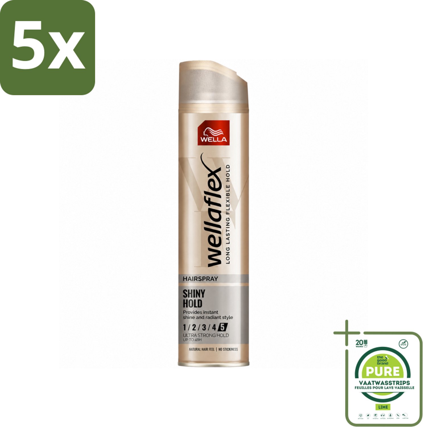 5 x Wella – Flex Shine Ultra Strong – Haarspray – 250 ml - Grootverpakking - Vaatwasstrips - Haarspray - Glans - Fixatie - Haarverzorging - Macadamia-olie